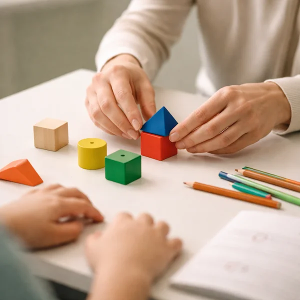 Mãos de especialista e criança com blocos geométricos coloridos